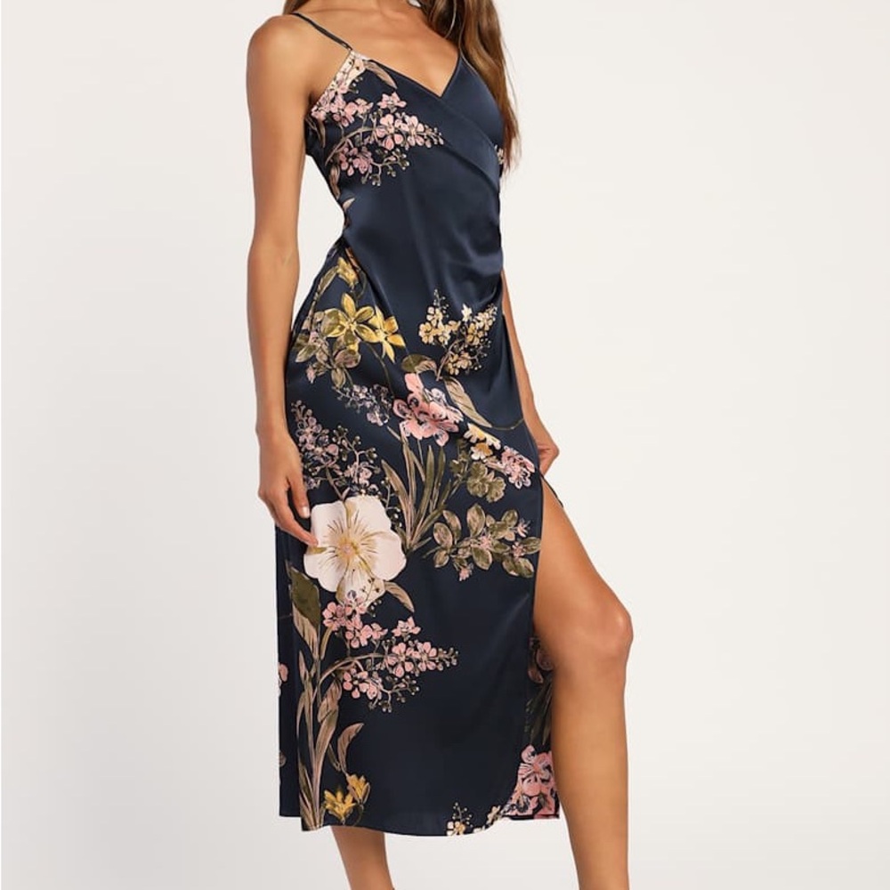 Lulu's Navy Floral Satin Midi Slip Dress with Side Slit - Picture 3 of 8
